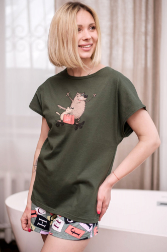 Неженка, Легкая женская пижама с принтом зверюшки, состоит из свободной футболки и шорт