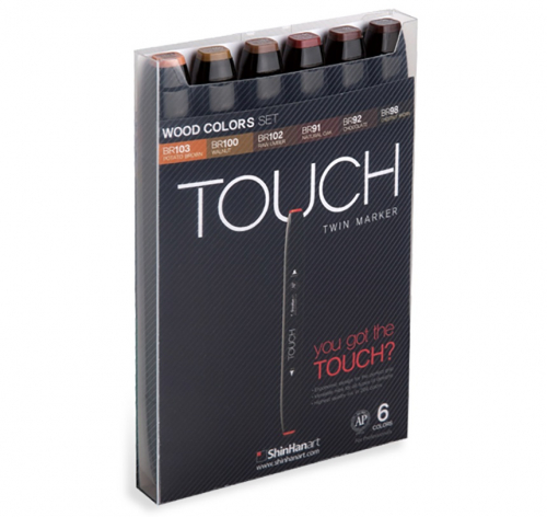 Набор двухсторонних маркеров на спиртовой основе TOUCH TWIN 6 штук (древесные цвета) в пластиковой упаковке