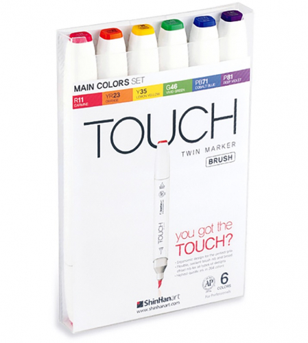 Набор двухсторонних маркеров на спиртовой основе TOUCH TWIN brush 6 штук (основные цвета) в пластиковой упаковке