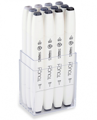 Набор двухсторонних маркеров на спиртовой основе TOUCH TWIN brush 12 штук (серые холодные) в пластиковой упаковке