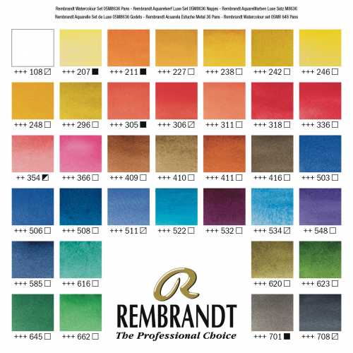 Набор акварельных красок Rembrandt 36 кювет + кисть в металлической упаковке