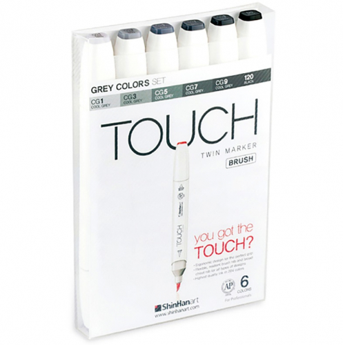 Набор двухсторонних маркеров на спиртовой основе TOUCH TWIN brush 6 штук (серые цвета) в пластиковой упаковке