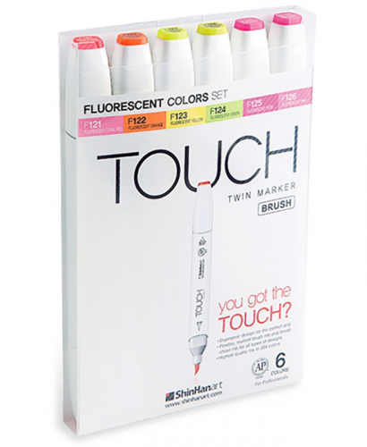 Набор двухсторонних маркеров на спиртовой основе TOUCH TWIN brush 6 штук (флуоресцентные цвета) в пластиковой упаковке