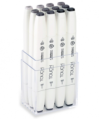 Набор двухсторонних маркеров на спиртовой основе TOUCH TWIN brush 12 штук (серые теплые) в пластиковой упаковке