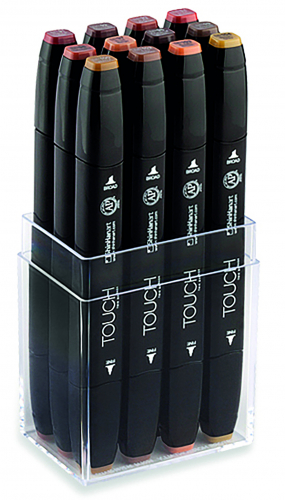 Набор двухсторонних маркеров на спиртовой основе TOUCH TWIN 12 штук (древесные цвета) в пластиковой упаковке