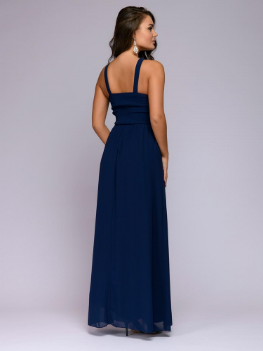 Платье синее длины макси с отделкой жемчугом