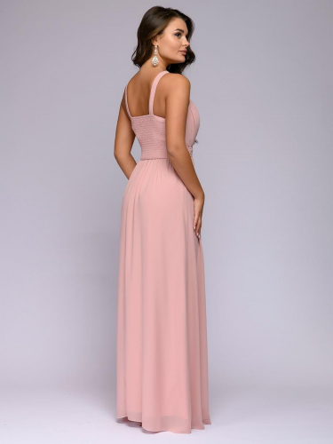 Платье розовое длины макси с отделкой жемчугом