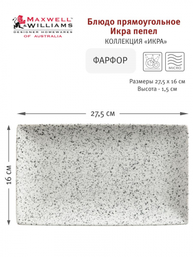 Блюдо, 27,5х16 см, фарфор P, прямоугольное, светло-серое, в крапинку, Caviar Speckle, 58694