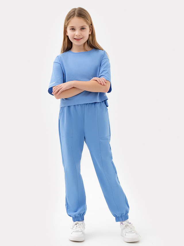 Комплект для девочек (футболка, брюки) голубой с печатью