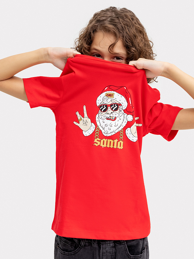 Футболка для мальчиков новогодняя в красном цвете с печатью