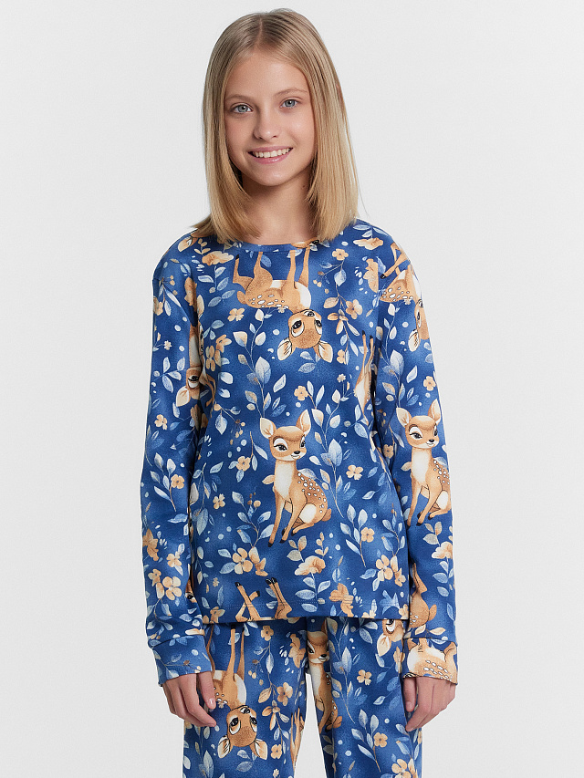 Пижама для девочек синяя с принтом
