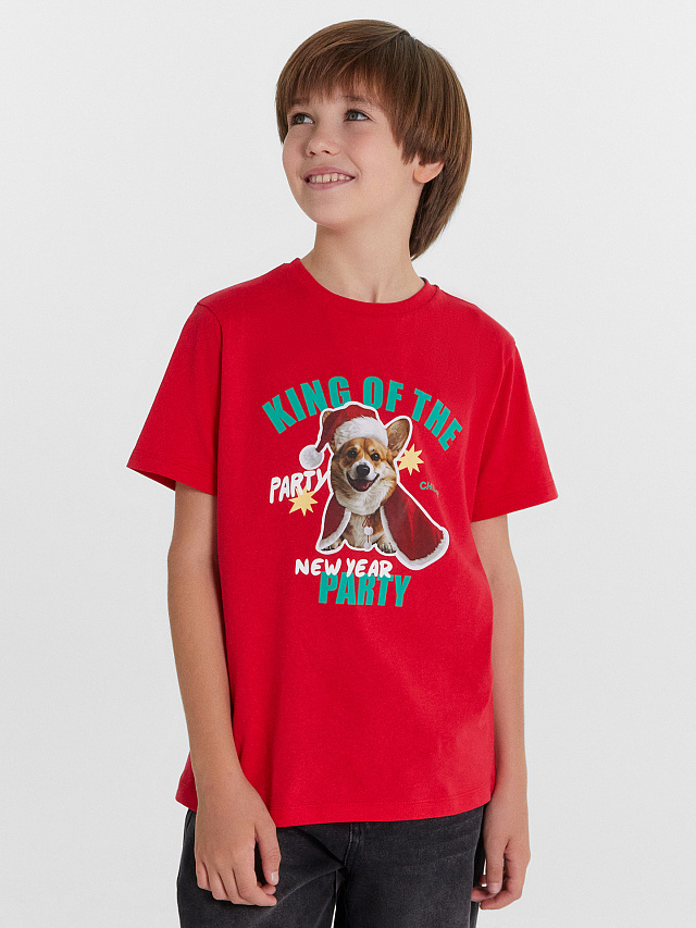 Футболка для мальчиков красная новогодняя с корги