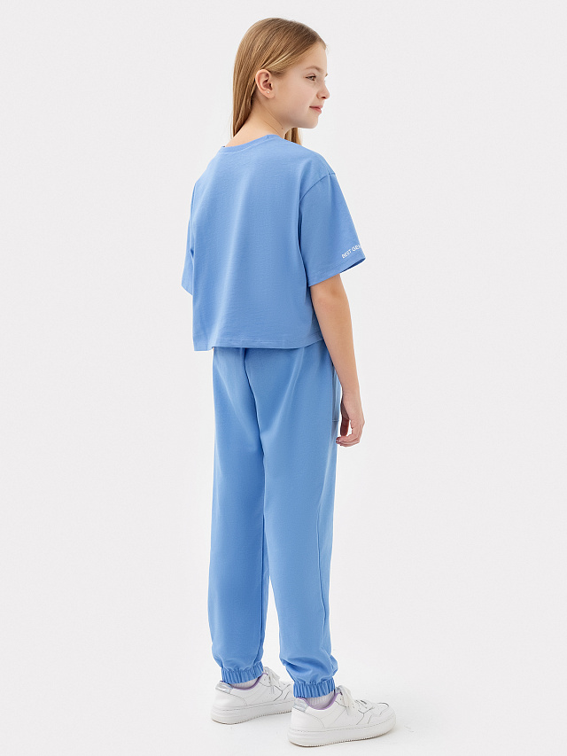 Комплект для девочек (футболка, брюки) голубой с печатью