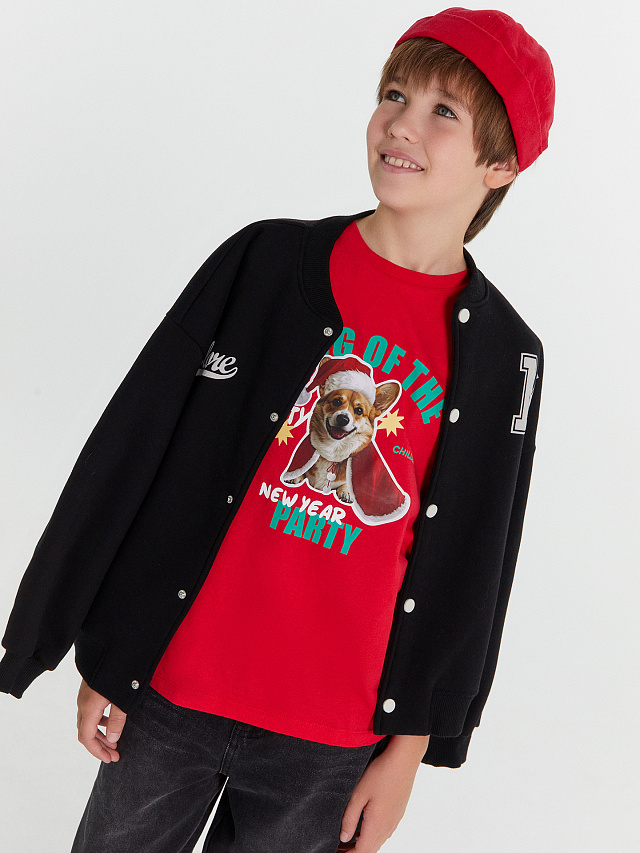 Футболка для мальчиков красная новогодняя с корги