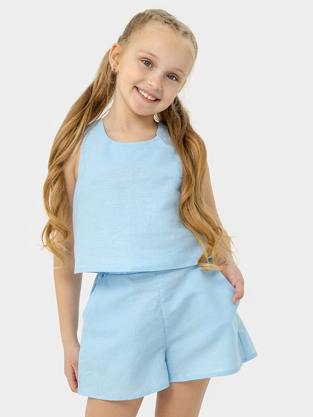 Комплект для девочек (топ, шорты) в голубом цвете, из льна и хлопка