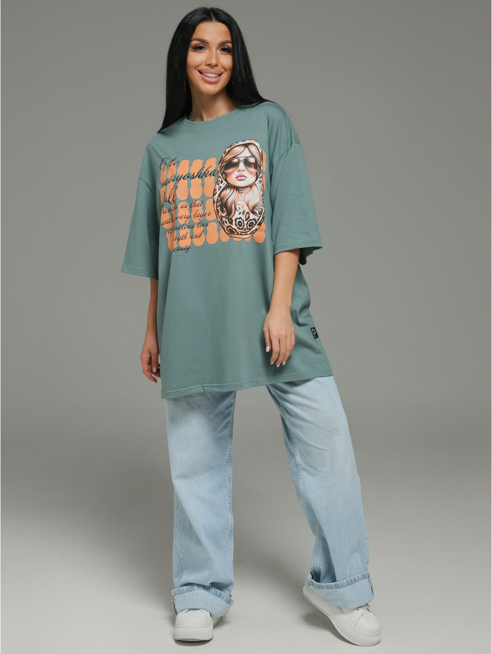 Амина футболка женская (зеленый матрешка)