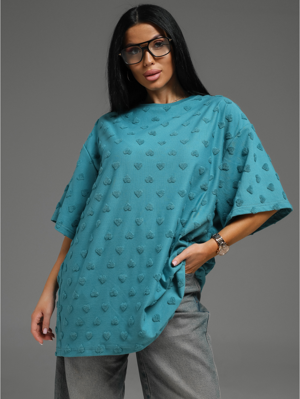 Ирбис футболка женская (махра петроль сердечки)