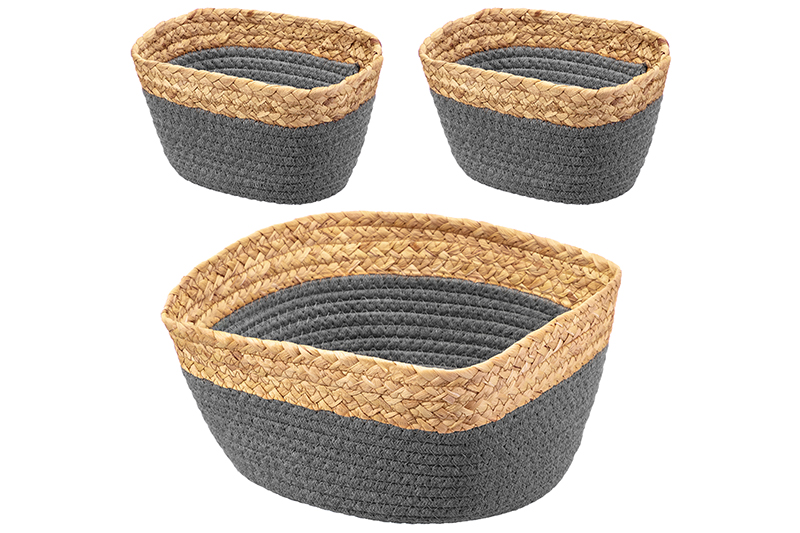 Набор 3 плетеных корзин 1 корзинка 30*25*14 см, 2 корзинки 22*14*12 см, серый
