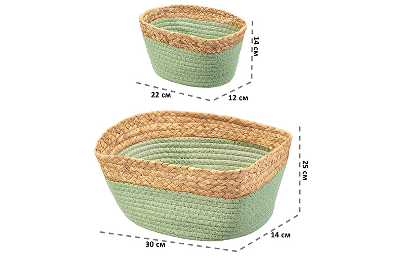 Набор 3 плетеных корзин 1 корзинка 30*25*14 см, 2 корзинки 22*14*12 см, зеленый