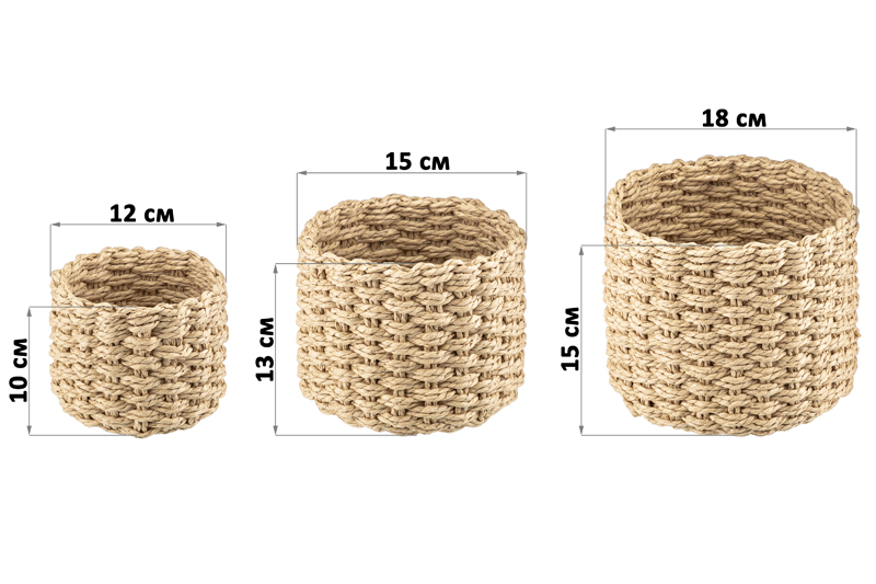 Набор 3 плетеных корзин 18*18*15см, 15*15*13см, 12*12*10см, соломеный