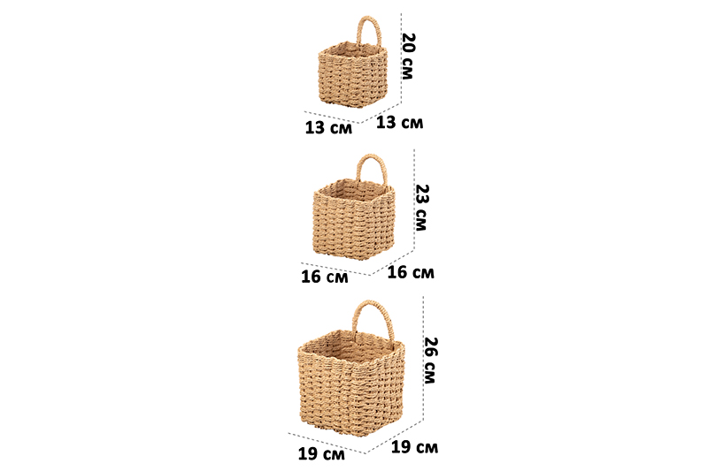 Набор 3 плетеных корзин, 1 корзинка 13*13*20см, 1 корзинка 16*16*23см, 1 корзинка 19*19*26см, солом