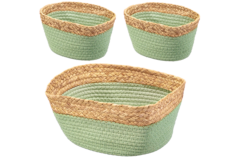 Набор 3 плетеных корзин 1 корзинка 30*25*14 см, 2 корзинки 22*14*12 см, зеленый
