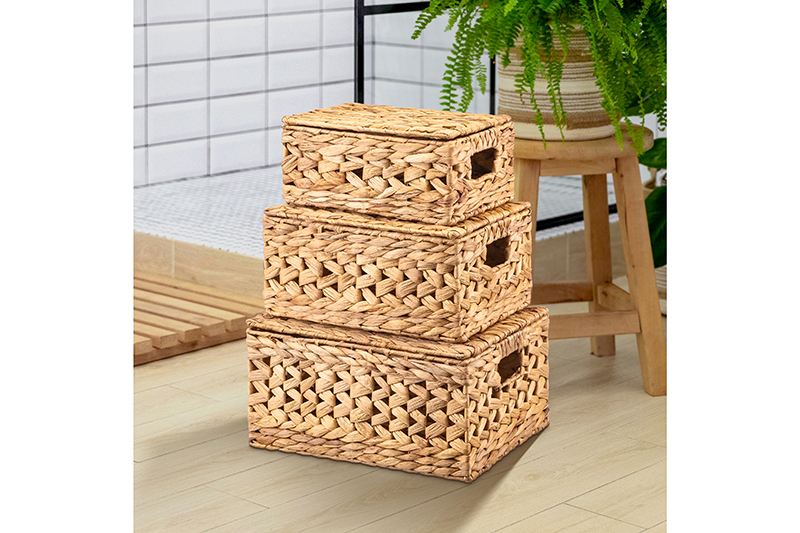 Набор 3 плетеных корзин 35,5*28*18,5 см, 31,5*24*15,5см, 27*20*12,5 см, с крышками, водный гиацинт