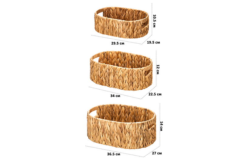 Набор 3 плетеных корзин 36,5*27*14 см, 34*22,5*12 см, 29,5*19,5*10,5 см, водный гиацинт