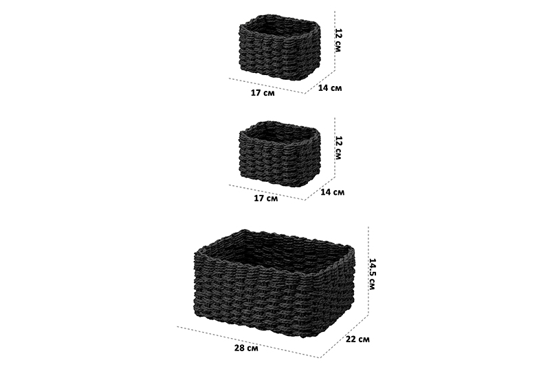 Набор 3 плетеных корзин, 1 корзинка 28*22*14,5 см, 2 корзинки 17*14*12 см, темно-серый