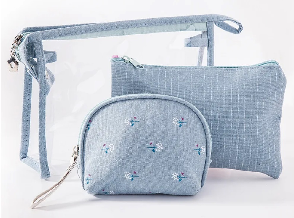 Набор косметичек 3 в 1, цветочек, голубой 24х14х7