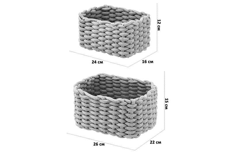 Набор 2 вязаных корзин 1 корзинка 26*22*15 см, 1 корзинка 24*16*12 см, прямоугольный серый