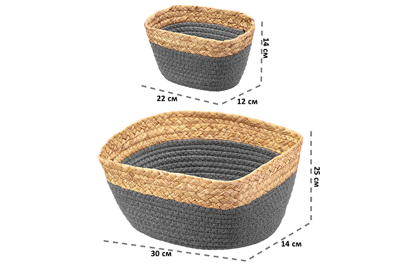 Набор 3 плетеных корзин 1 корзинка 30*25*14 см, 2 корзинки 22*14*12 см, серый