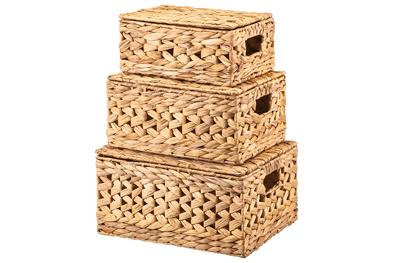 Набор 3 плетеных корзин 35,5*28*18,5 см, 31,5*24*15,5см, 27*20*12,5 см, с крышками, водный гиацинт
