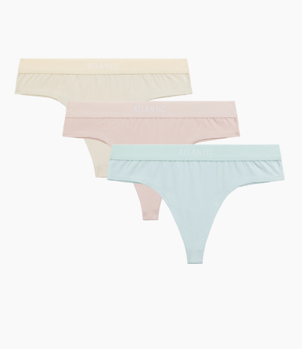 750р 999р Трусы женские стринги Atlantic, набор из 3 шт., хлопок, бежевые + ванильные + светло-голубые, 3CLP-013