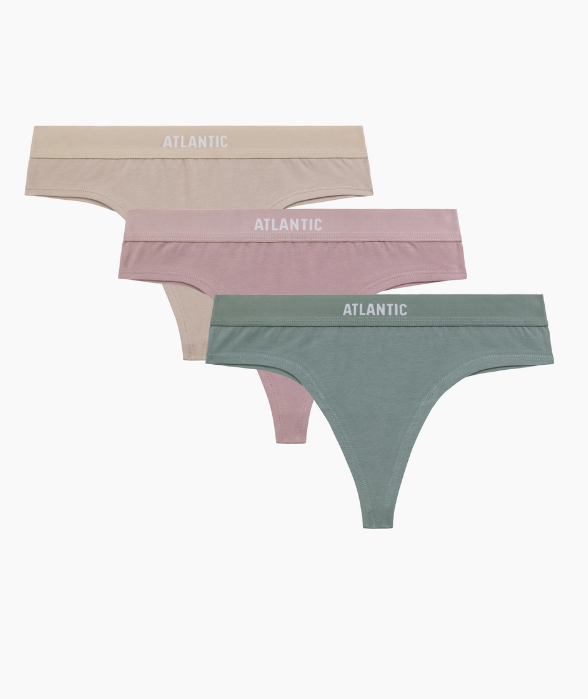 750р 999р Трусы женские стринги Atlantic, набор из 3 шт., хлопок, бежевые + розовые + зеленые, 3CLP-013