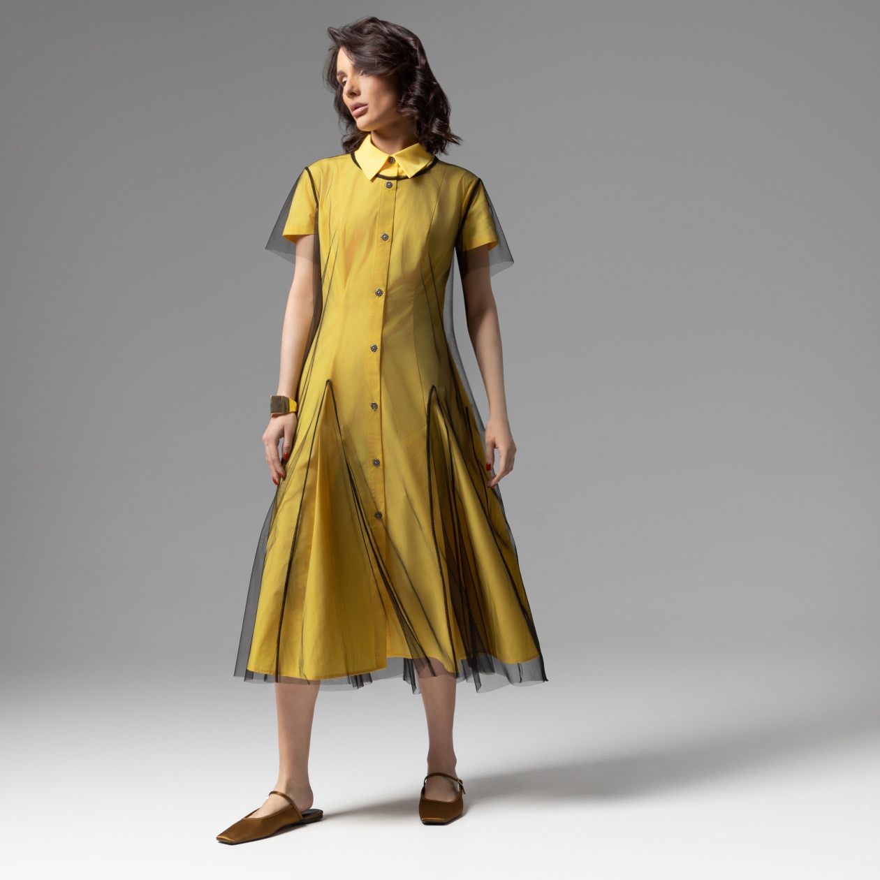 СТ. ЦЕНА 4490 руб//Платье-рубашка многослойное, Стильное самообладание (желтое, 2 в 1)