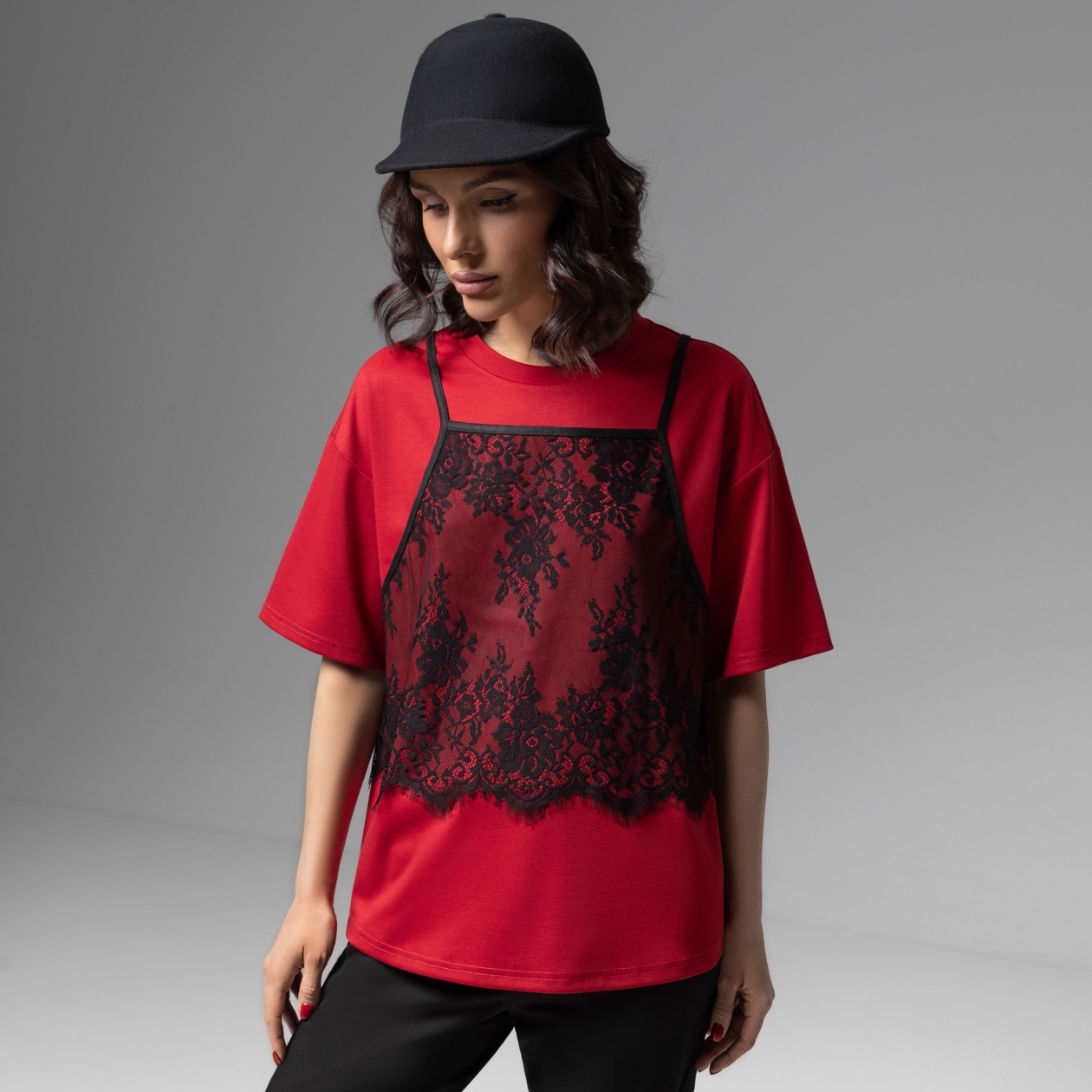 СТ. ЦЕНА 1790 руб//Футболка со съемным топом, Модный тандем (красный 2 в 1)