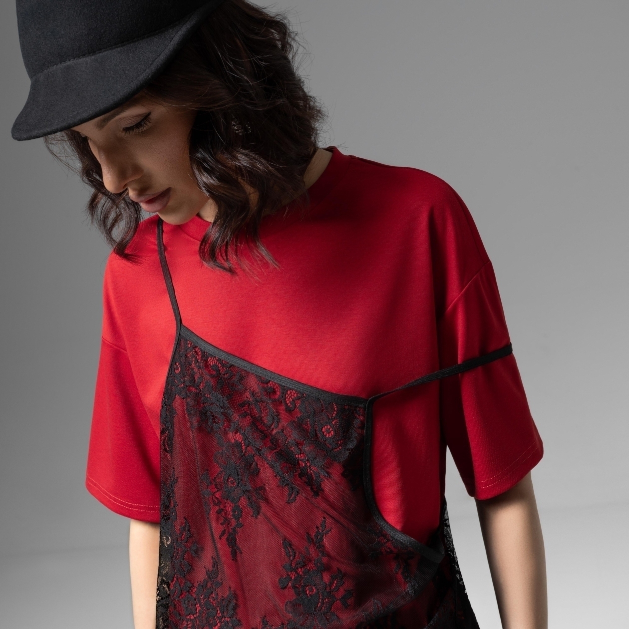 СТ. ЦЕНА 1790 руб//Футболка со съемным топом, Модный тандем (красный 2 в 1)