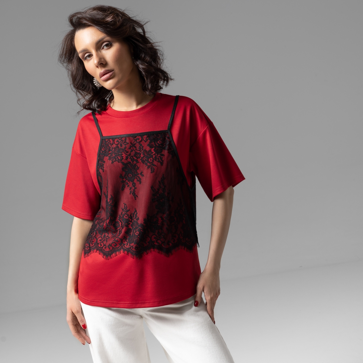 СТ. ЦЕНА 1790 руб//Футболка со съемным топом, Модный тандем (красный 2 в 1)