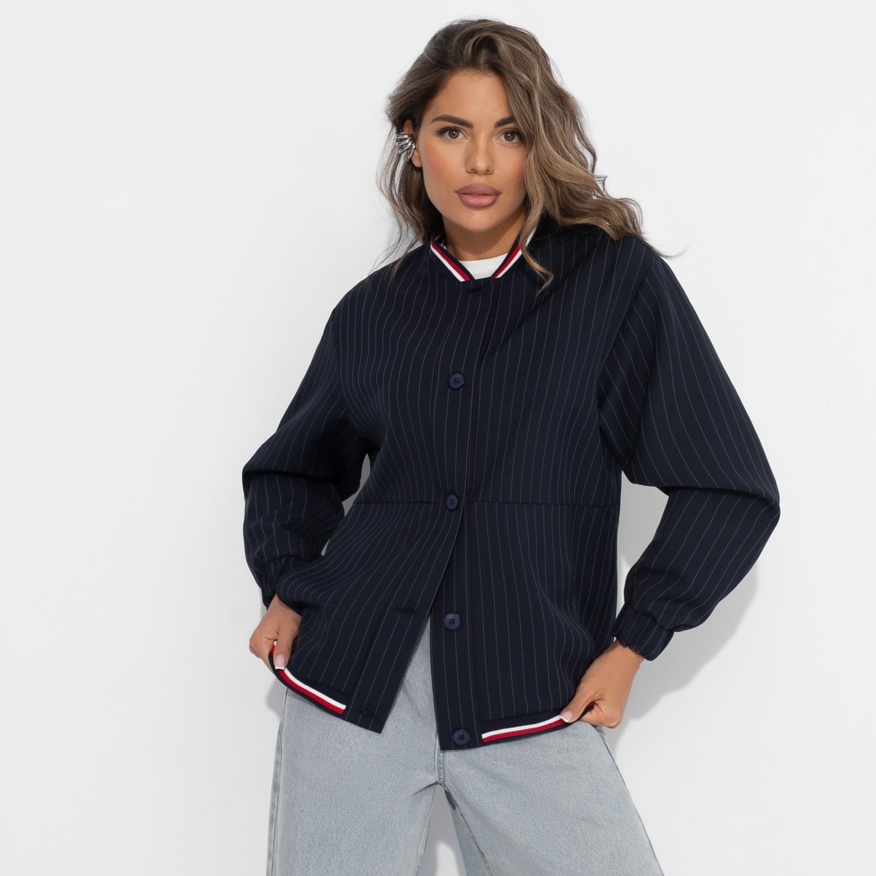 СТ. ЦЕНА 1750 руб//Бомбер в полоску, Любуйся мной (синий)