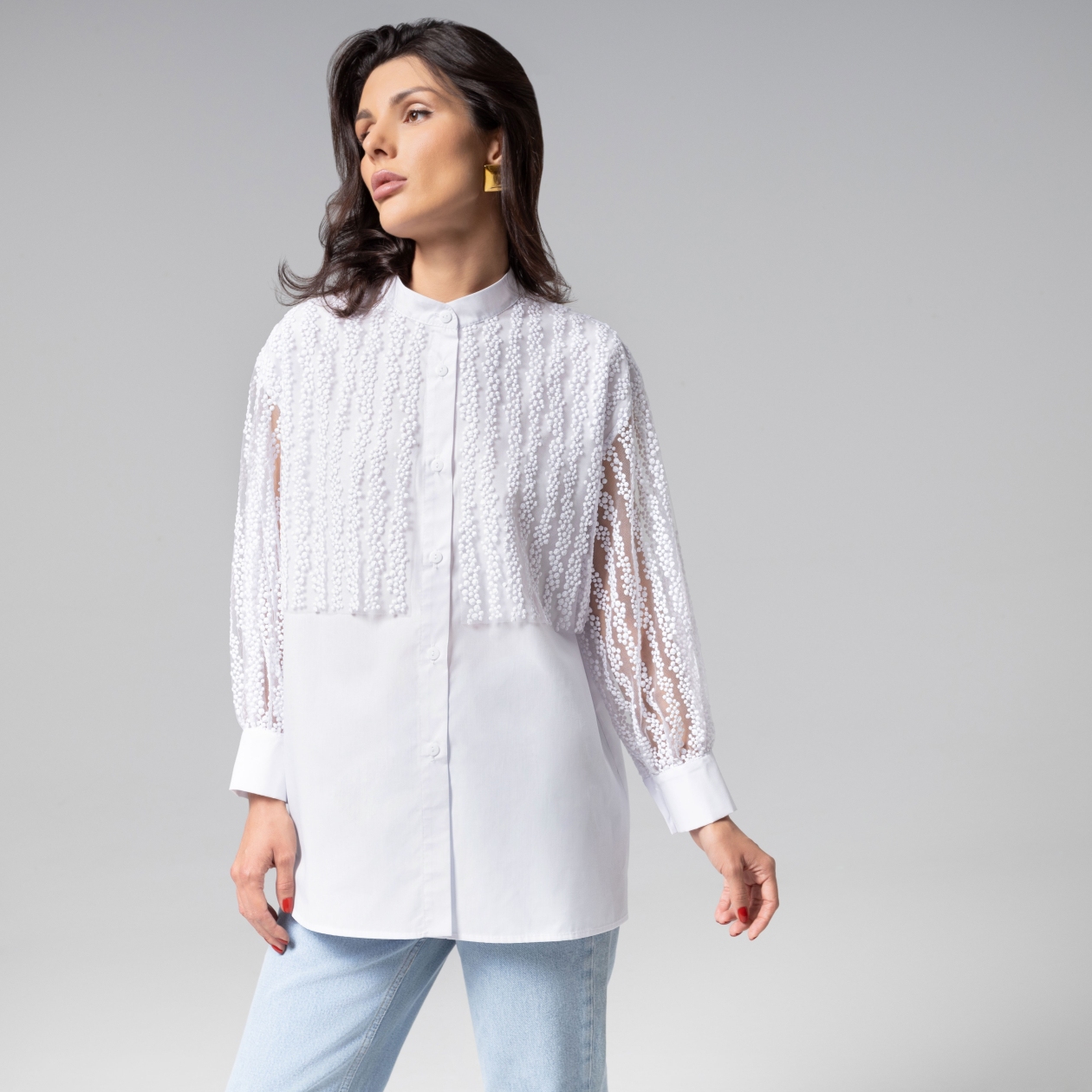 СТ. ЦЕНА 2390 руб//Рубашка комбинированная с вышивкой, Вне конкуренции (white snow)