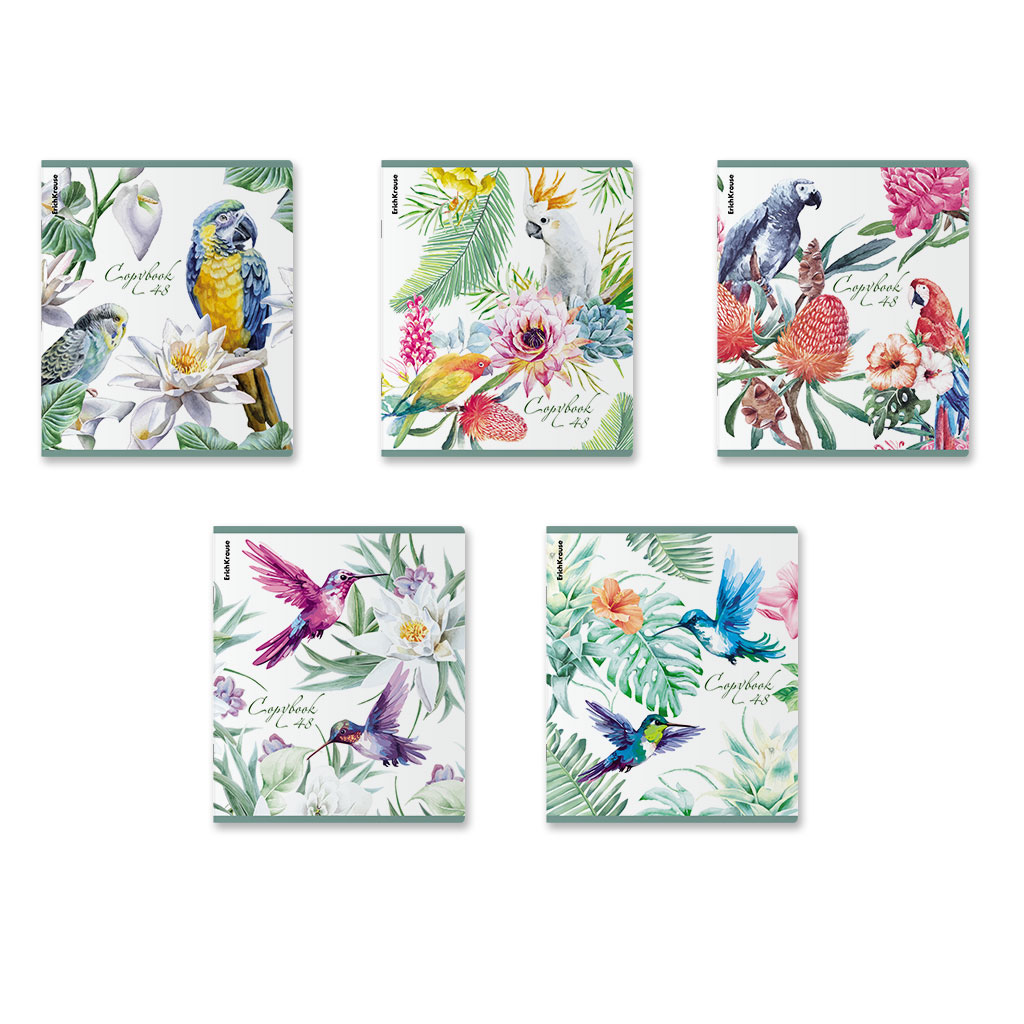 66р. 130р.Тетрадь общая ученическая ErichKrause Тропические птицы, 48 листов, клетка, мат.лам.+выб. УФ-лак+тиснение фольгой+конгрев, доп.лист_MIX-PACK