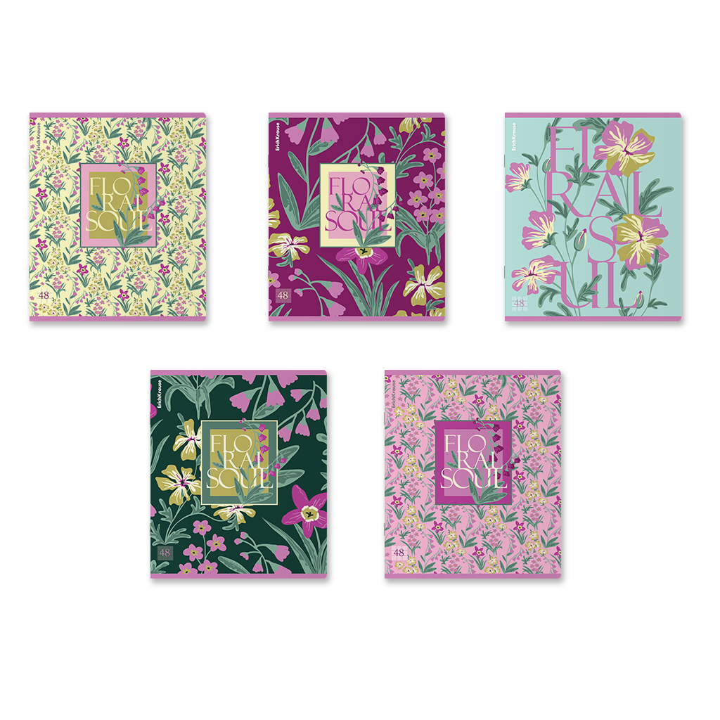 55р. 130р.Тетрадь общая ученическая ErichKrause Floral Soul, 48 листов, клетка, ламинация soft-touch+выборочный УФ-лак_MIX-PACK