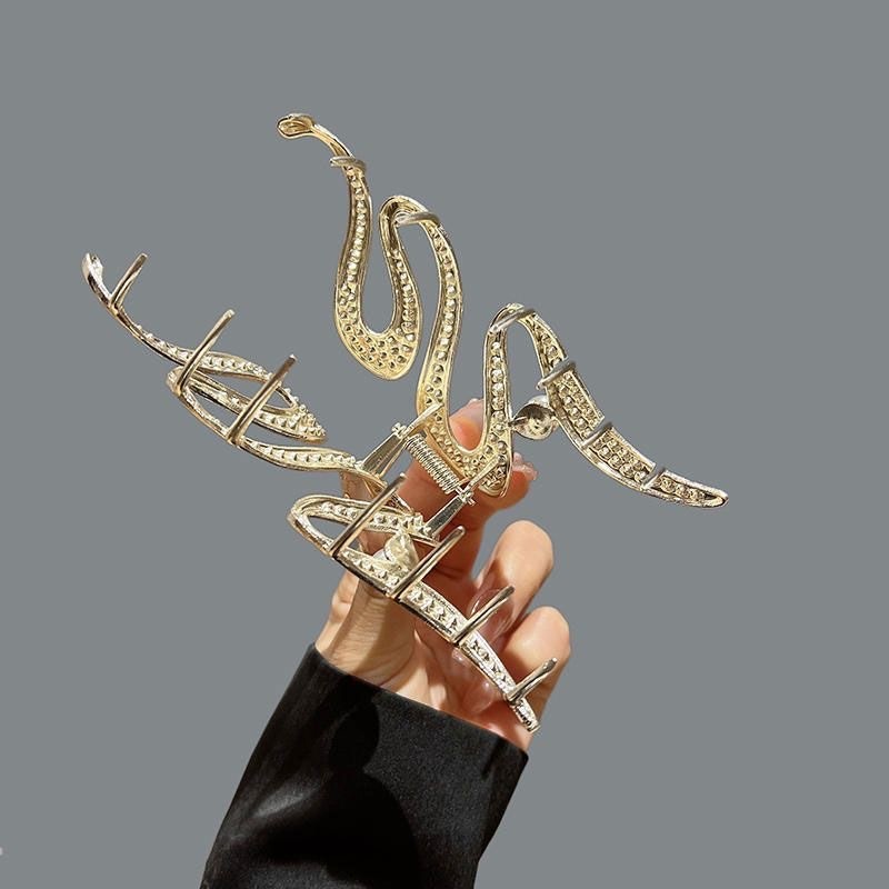 Краб для волос металлический блестящий Змейка с Жемчужиной, 11 см.