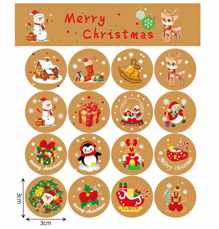 Наклейки новогодние круглые 1 лист 16 шт. Диаметр 3 см. СВЕТЛО-КОРИЧНЕВЫЕ