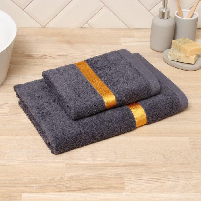 Полотенце махровое Love Life «Самум», 70×140 см, хлопок 100%, тёмно-серое, оранжевое