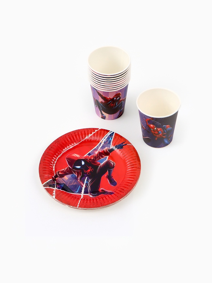 Посуда одноразовая бумажная на 10 персон: стаканы, тарелки, скатерть, Человек Паук
