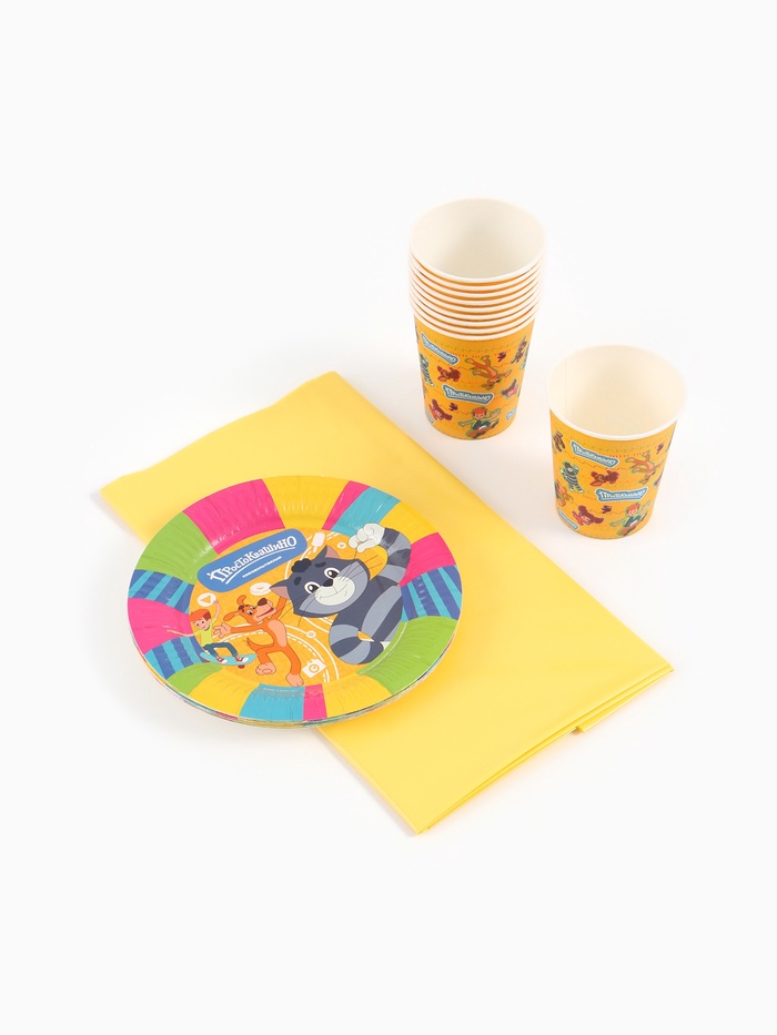 Посуда одноразовая бумажная на 10 персон «Простоквашино»: стаканы, тарелки, скатерть, Союзмультфильм