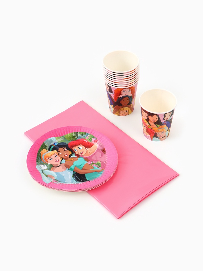 Посуда одноразовая бумажная на 10 персон: стаканы, тарелки, скатерть, Принцессы Дисней