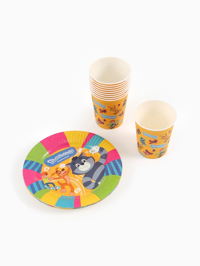 Посуда одноразовая бумажная на 10 персон «Простоквашино»: стаканы, тарелки, скатерть, Союзмультфильм